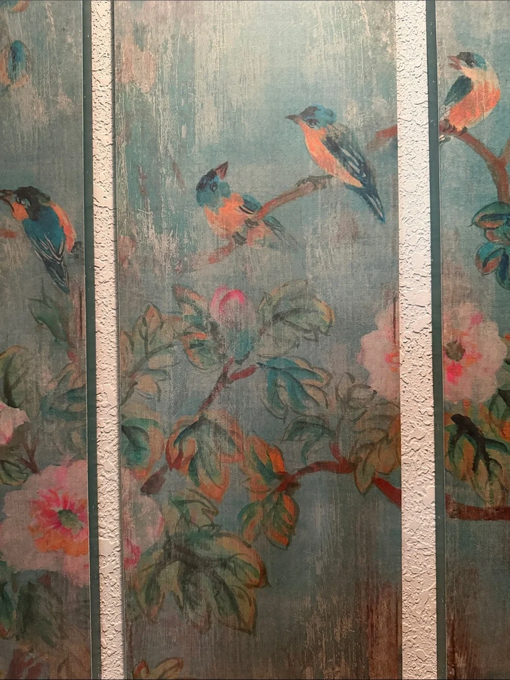 Pottery Barn Teal and Coral Botanical/Bird chinoiserie Triptych